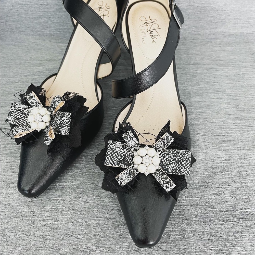 COPY - Shoe clip set pearl and rhinestone center tulle gray snakeskin satin bla…
